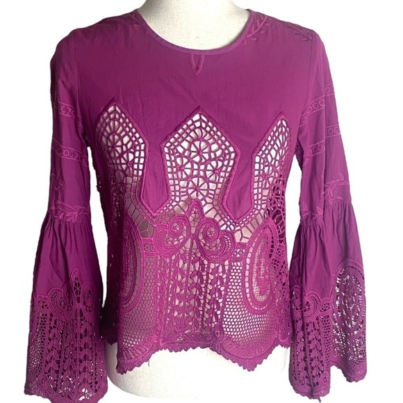 Anthropologie Chloe Oliver boho embroidered lace bell sleeve blouse size… - Picture 5 of 12